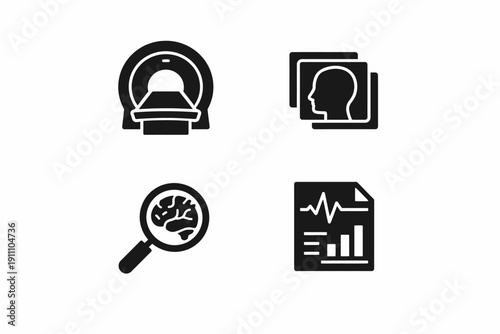 Medical imaging icons set: mri, x-ray, brain scan, medical report analysis