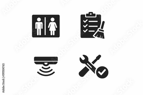 Restroom signs, cleaning checklist, sensor, tools icons set