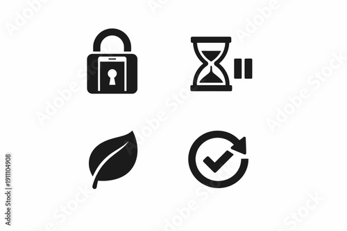 Padlock hourglass leaf checkmark icons: security time nature approval symbol set