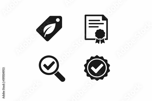 Eco label, certified document, magnifying glass with checkmark, badge with checkmark icons