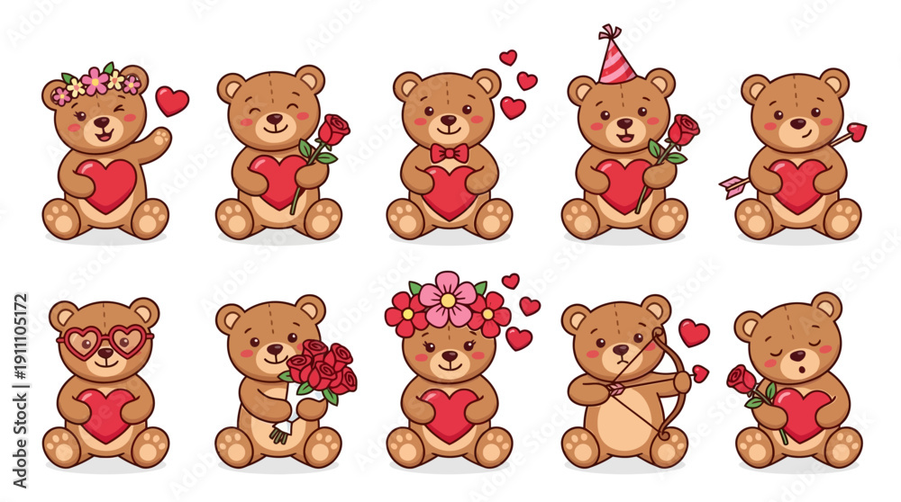 Fototapeta premium Valentine’s Day Teddy Bear Vector Set – Ten Cute Cartoon Bears with Hearts, Roses, and Cupid Accessories for Romantic, Festive, and Creative Love-Themed Design Projects