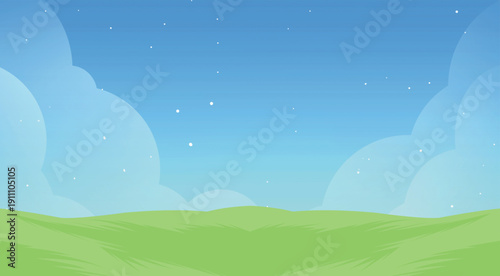 Flat design summer landscape with green hills and blue sky background