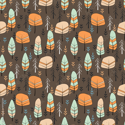 Seamless pattern with trees, plants. Color vector background. Spring, autumn tree for your design. Eco idea concept. Print design for wallpapers, fabric, textile.