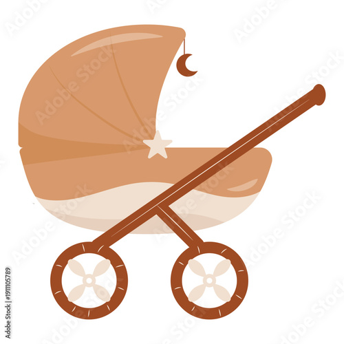 Vector baby stroller illustration in flat pastel style, isolated on white background. Suitable for nursery designs, baby shower invitations, stickers, and educational printables.