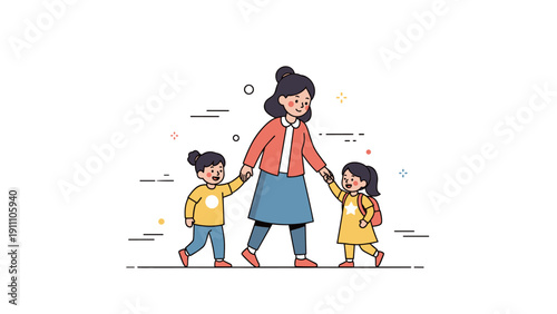 Asian female adult walking with two asian children in colorful outfits