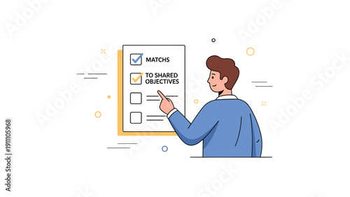 Young caucasian male checking task list with shared objectives on whiteboard
