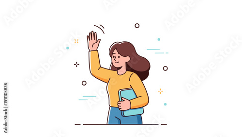 Illustration of a young caucasian female waving with a tablet