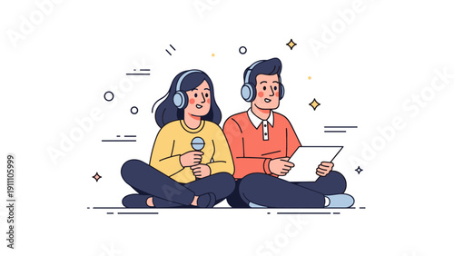 Animated young asian couple podcasting with microphone and headphones