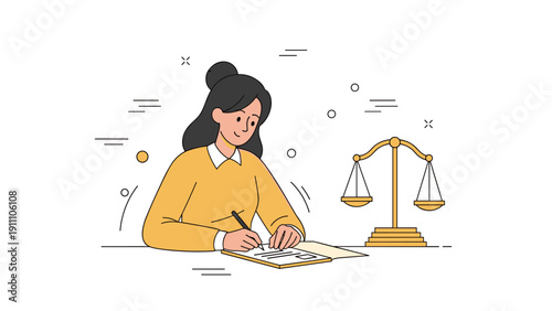 Asian female adult writing at desk with scales of justice icon