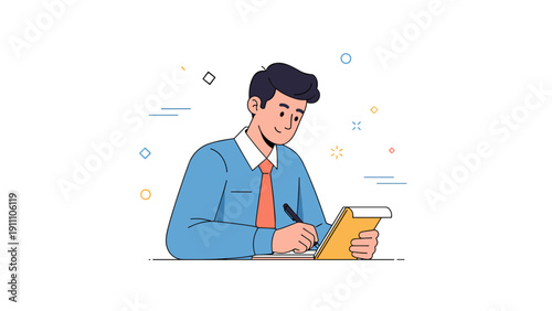 Young male writing in notebook with happy expression illustrated in cartoon style