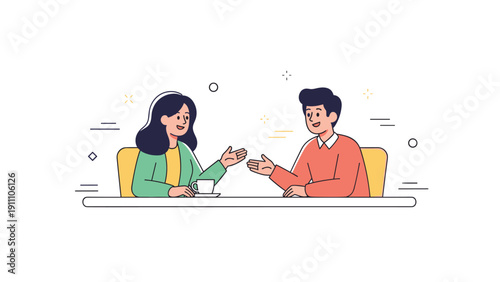 Animated scene of male and female engaged in conversation at table