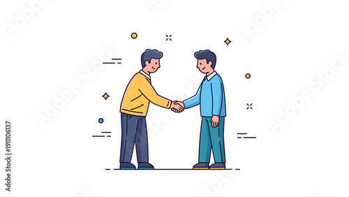 Two young caucasian males shaking hands in cartoon style artwork