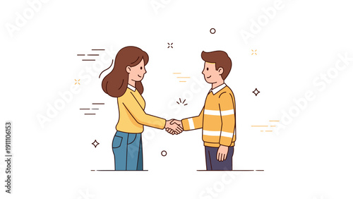 Cartoon young adults shaking hands in friendly agreement