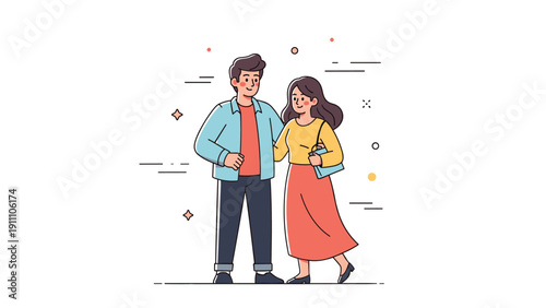 Cartoon illustration of happy young caucasian couple in casual clothing