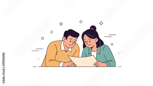 Asian male and female adults reading document together