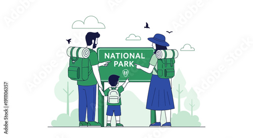 Family Adventure Awaits At The National Park Entrance With Backpacks And Sign