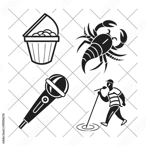 A microphone, a bucket of food, a crab and a man on a microphone stand Vector