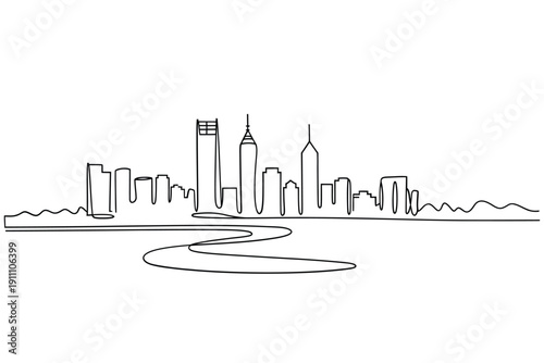 Abstract one line drawing of a city skyline with waterfront waves