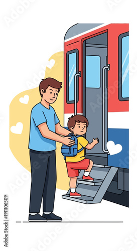 Father And Son Boarding A Train Adventure Together