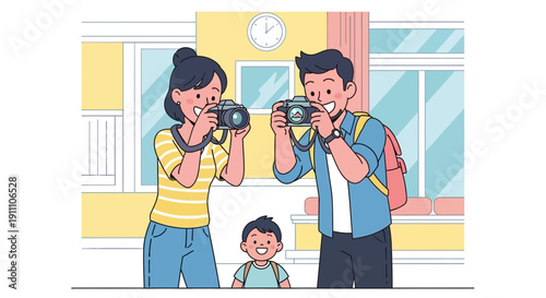 Family Capturing Memories With Cameras And Backpacks Adventure Travel Photography