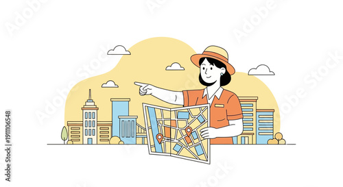 Female Tourist Holding Map And Pointing Direction In Cityscape