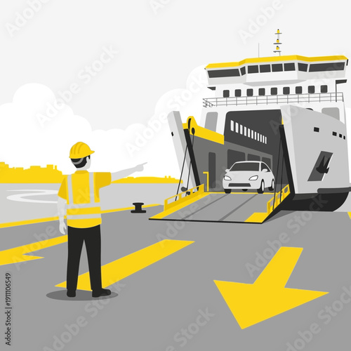 Ferry Loading Operation A Worker Directs Traffic onto a Vessel