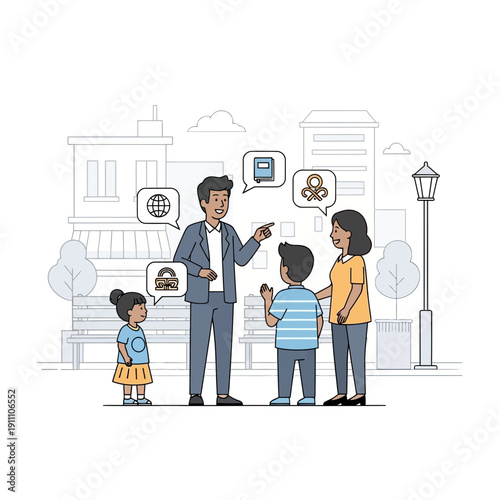 Family Discussing Ideas And Knowledge Outdoors With Modern Cityscape Background