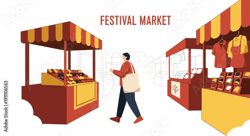 Festival Market Scene With Bustling Stalls and Shopper