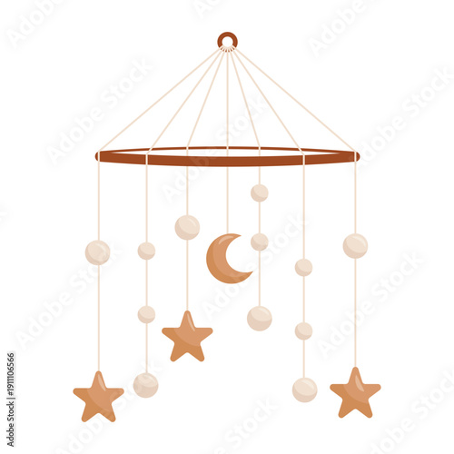 Quadro su tela Hanging crib mobile with moon and star elements in soft flat style isolated on light background