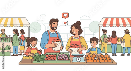 Family Farmers Selling Fresh Produce At A Bustling Outdoor Market Stall