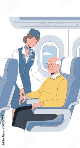 Flight Attendant Assists Elderly Passenger with Care and Comfort Onboard Airplane