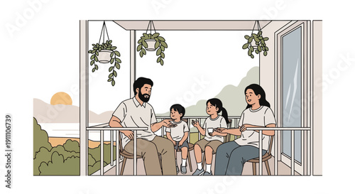 Family Gathering On Balcony Enjoying Sunset And Serene Views