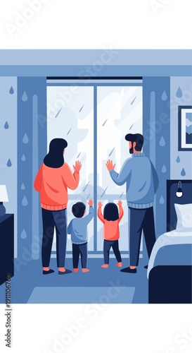 Family Gazing Out Window On Rainy Day At Home Cozy Scene
