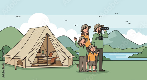 Family Glamping Adventure Nature Exploration With Tent And Binoculars