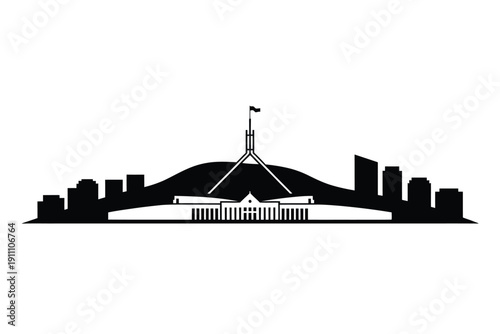 Black silhouette of capitol hill and city skyline against white background