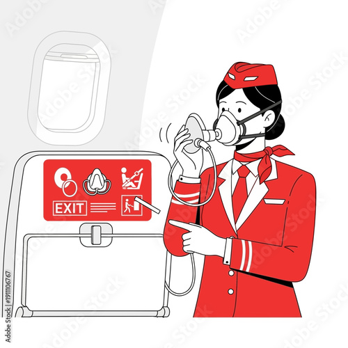 Flight Attendant Demonstrates Emergency Oxygen Mask Usage During Airplane Safety Briefing