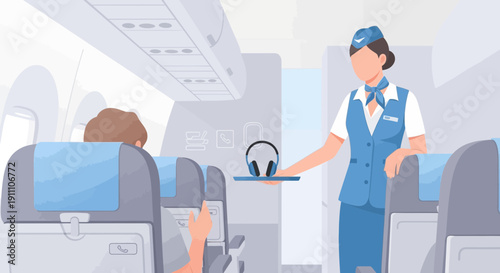 Flight Attendant Offers Headphones to Passenger Inside Airplane Cabin