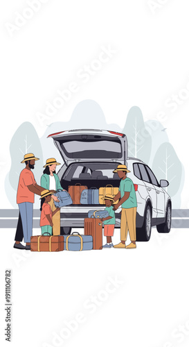 Family Loading Luggage Into Car For A Joyful Summer Vacation Trip