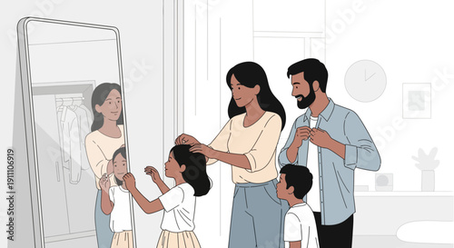 Family Reflection In Mirror Preparing For Day