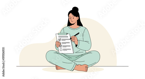 Focused Woman Completing A Checklist On A Clipboard While Sitting
