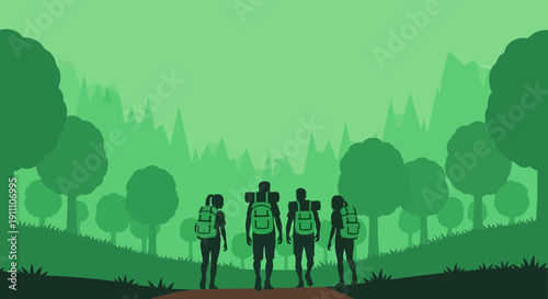 Four Backpackers Trek Through Lush Forest Towards Mountains A Journey of Discovery