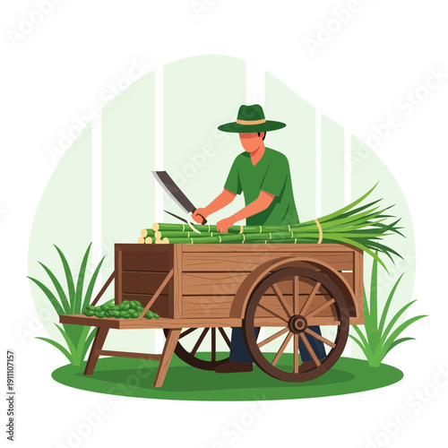 Fresh Sugarcane Harvest Being Prepared for Juicing Farmer with Cart