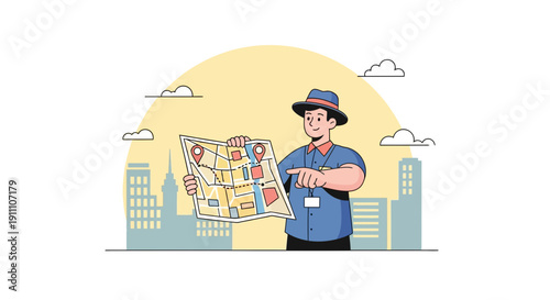 Friendly City Guide Holding Map Pointing Direction With Buildings Background