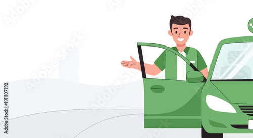 Friendly Driver Welcoming Passenger Into Green Car Illustration