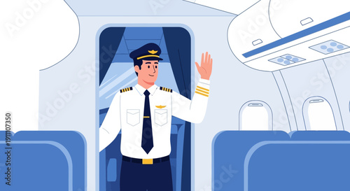 Friendly Pilot Waving Hello Inside Airplane Cabin Greeting Passengers