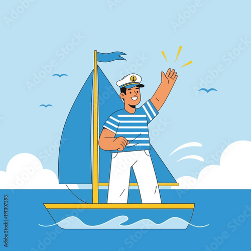 Friendly Sailor Waving From His Boat Ready For Adventure Nautical Theme
