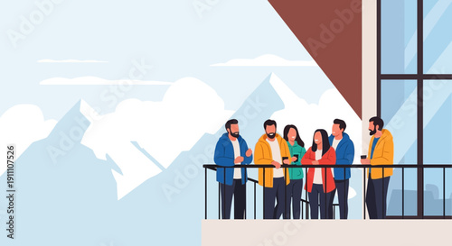 Friends Enjoying Mountain Vista From Balcony Scene