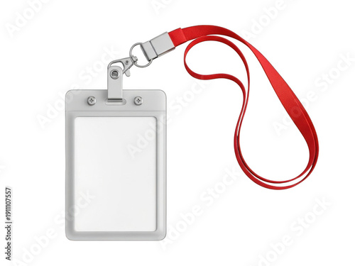 A red lanyard attached to a blank white identification badge holder