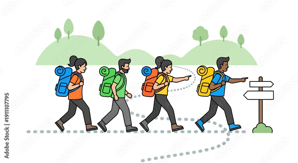 Fototapeta premium Group Of Diverse Hikers Following Trail Signs In A Beautiful Green Landscape