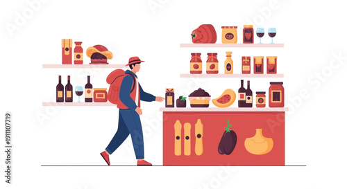 Grocer Shopping Trip With Backpack And Shelves Displaying Assorted Goods